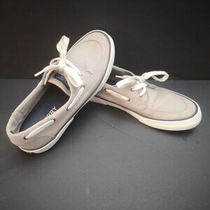Sperry Top Sider Memory Foam Ladies Size 8 Grey with Navy Soles Deck Shoes